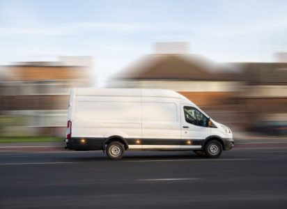White Van transport in motion in United Kingdom